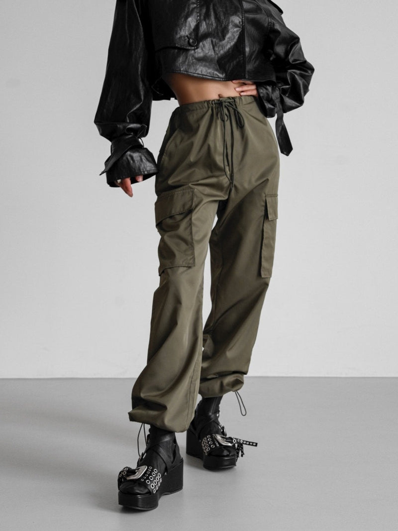 NYLON DRAWSTRING POCKET CARGO PANTS