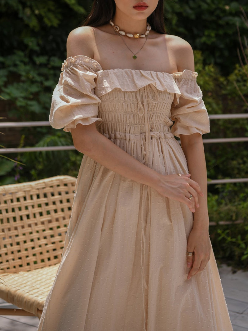 OFF SHOULDER SQUARE NECK RUCHED DRESS