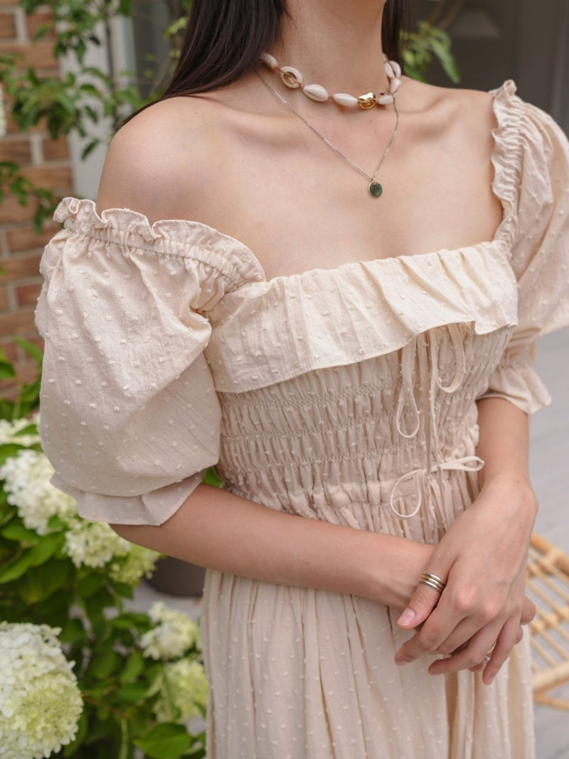 OFF SHOULDER SQUARE NECK RUCHED DRESS