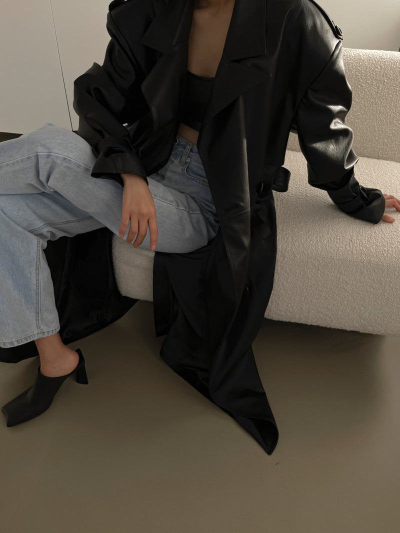 OVERSIZED DOUBLE BREASTED VEGAN LEATHER TRENCH