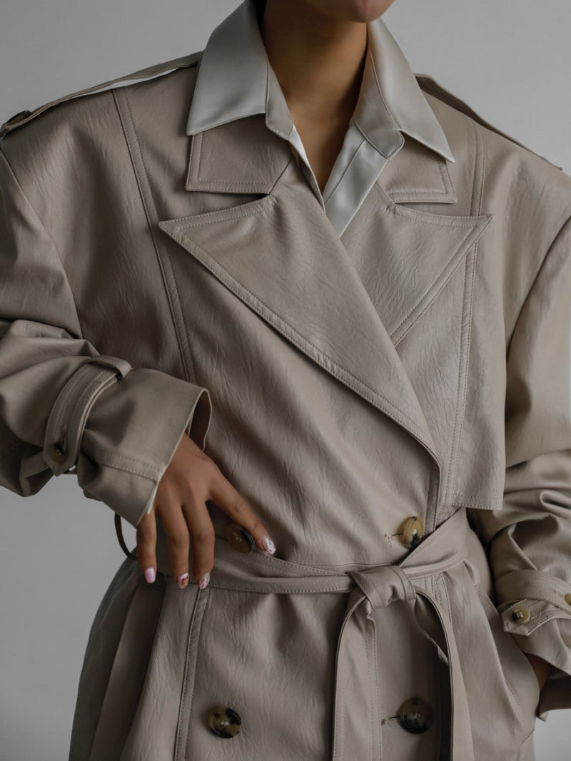 OVERSIZED DOUBLE BREASTED VEGAN LEATHER TRENCH