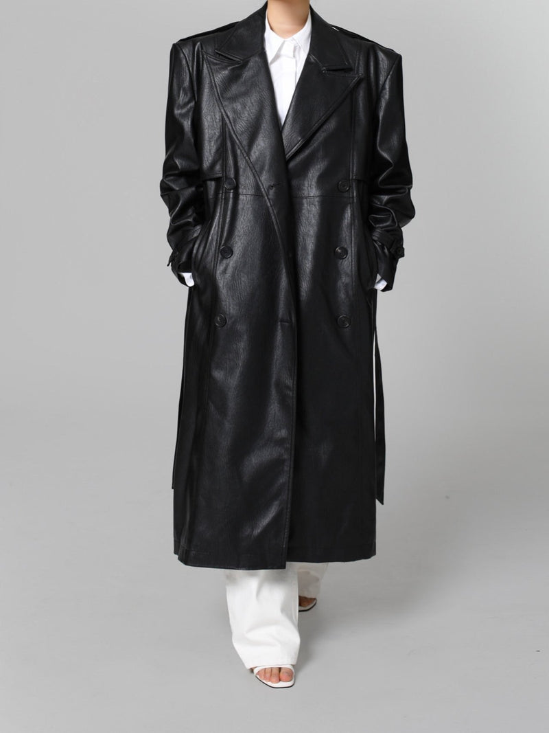 OVERSIZED DOUBLE BREASTED VEGAN LEATHER TRENCH