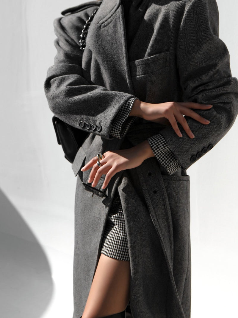 OVERSIZED HERRINGBONE BELTED COAT