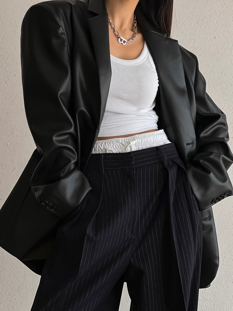 OVERSIZED VEGAN LEATHER THREE BUTTON BLAZER