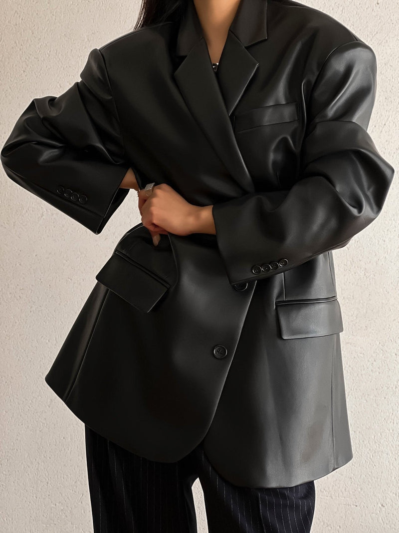 OVERSIZED VEGAN LEATHER THREE BUTTON BLAZER