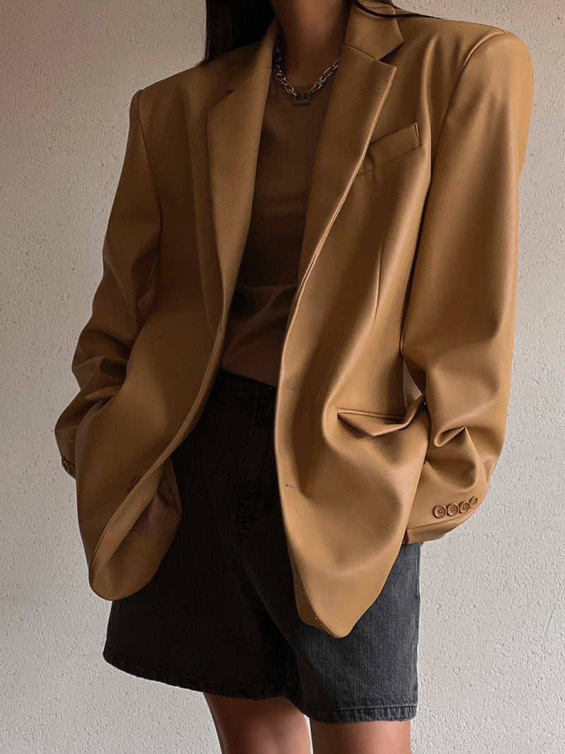 OVERSIZED VEGAN LEATHER THREE BUTTON BLAZER