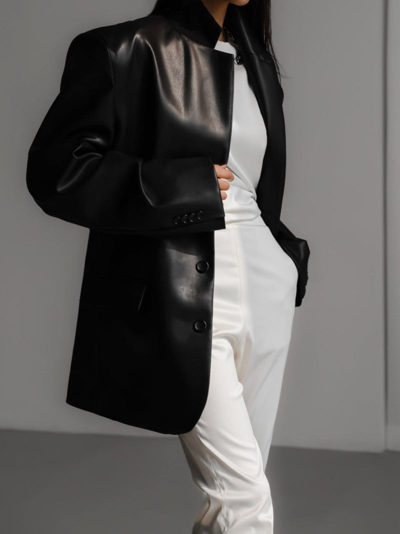 OVERSIZED VEGAN LEATHER THREE BUTTON BLAZER