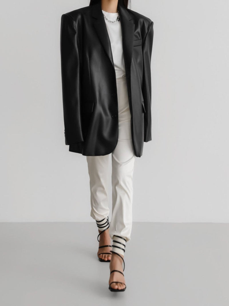 OVERSIZED VEGAN LEATHER THREE BUTTON BLAZER