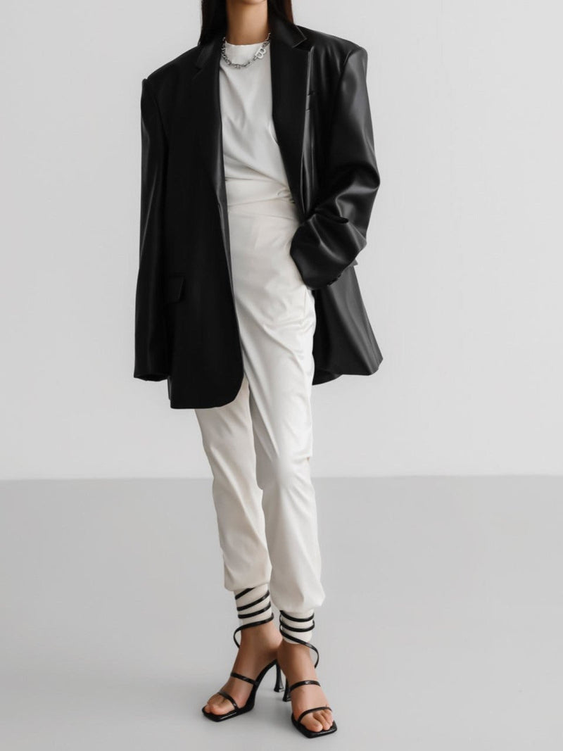 OVERSIZED VEGAN LEATHER THREE BUTTON BLAZER