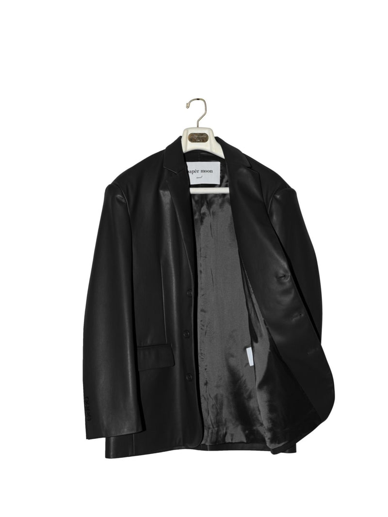 OVERSIZED VEGAN LEATHER THREE BUTTON BLAZER