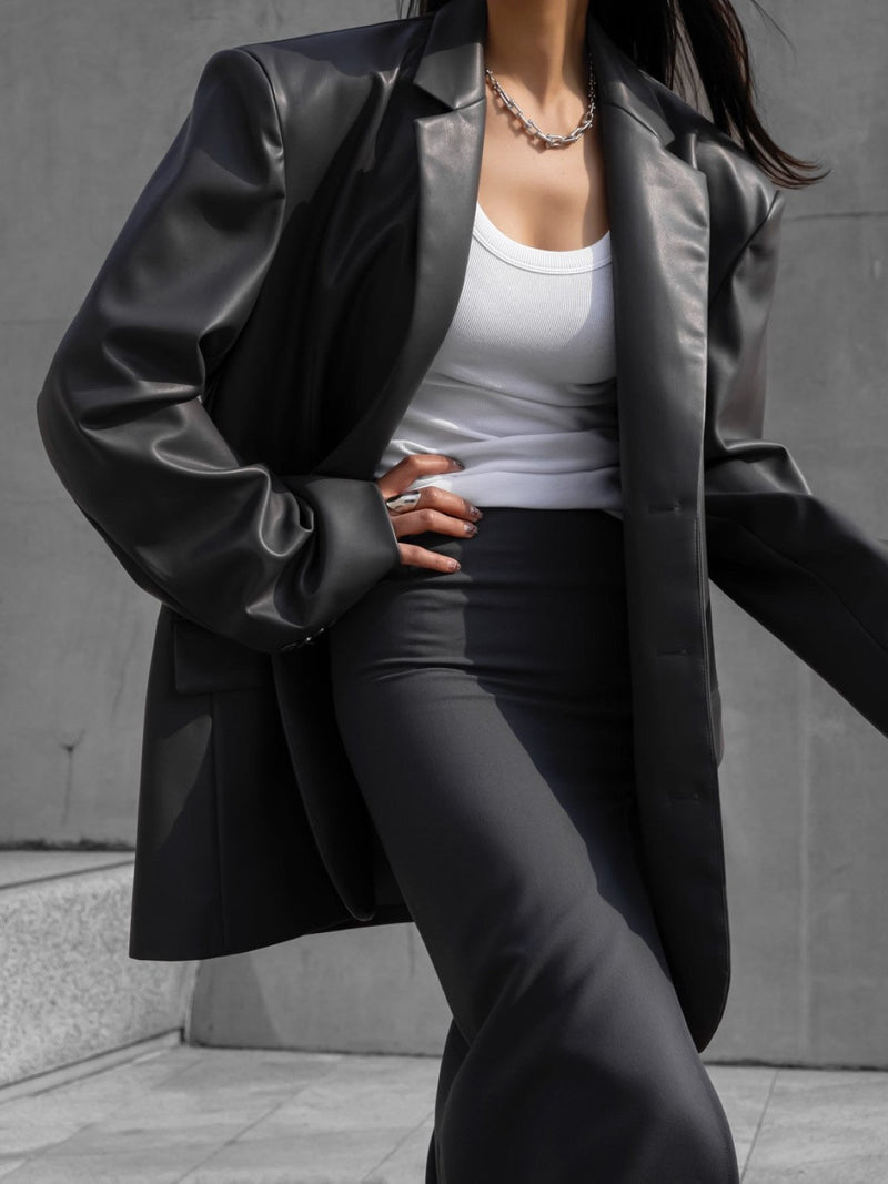 OVERSIZED VEGAN LEATHER THREE BUTTON BLAZER