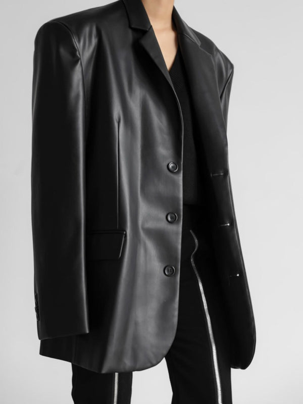 OVERSIZED VEGAN LEATHER THREE BUTTON BLAZER