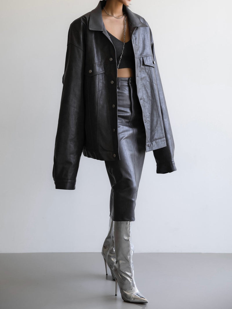 OVERSIZED VEGAN LEATHER TRUCKER JACKET
