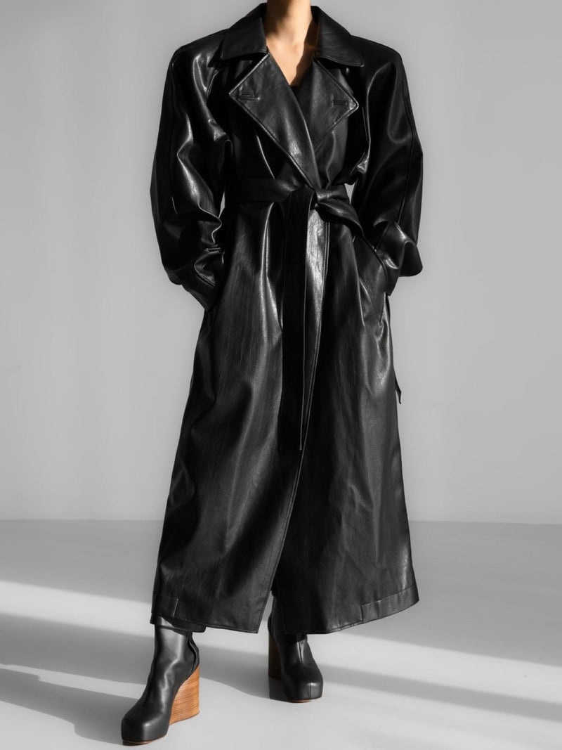 PADDED SHOULDER VEGAN LEATHER TRENCH COAT