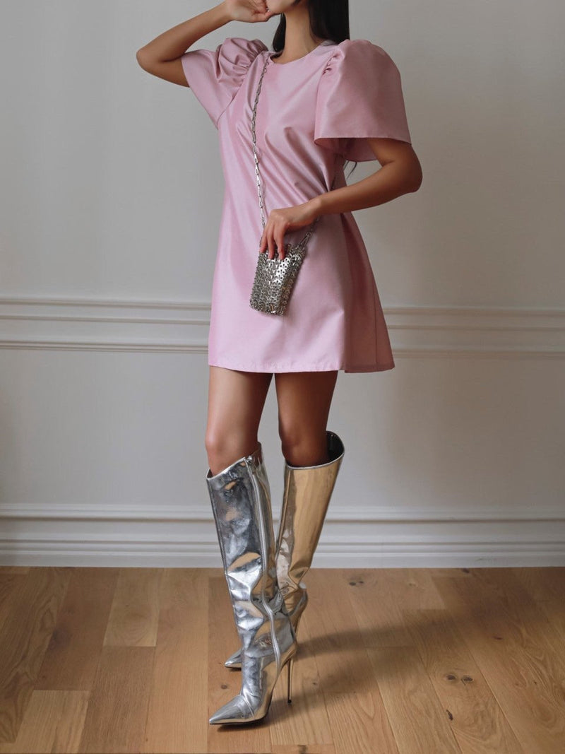 PUFFED SLEEVE METALLIC MINI DRESS