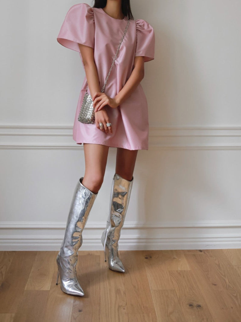 PUFFED SLEEVE METALLIC MINI DRESS