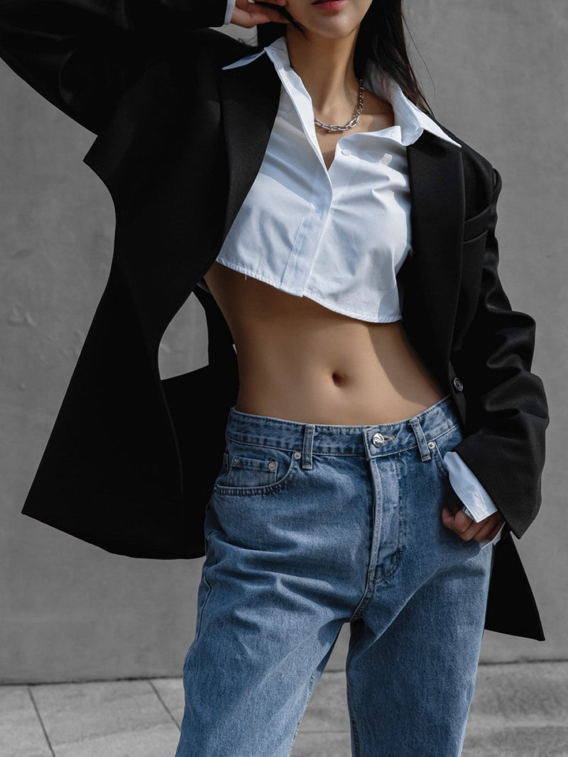 PADDED SHOULDER CROPPED BUTTON DOWN SHIRT