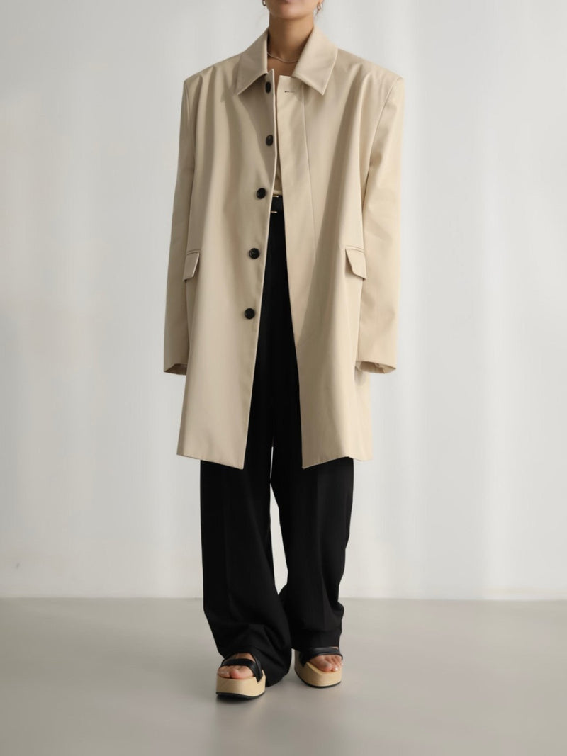 PADDED SHOULDER OVERSIZED GABERDINE COTTON COAT