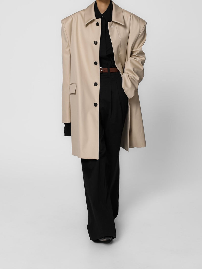 PADDED SHOULDER OVERSIZED GABERDINE COTTON COAT