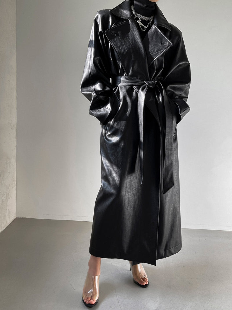 PADDED SHOULDER VEGAN LEATHER TRENCH COAT