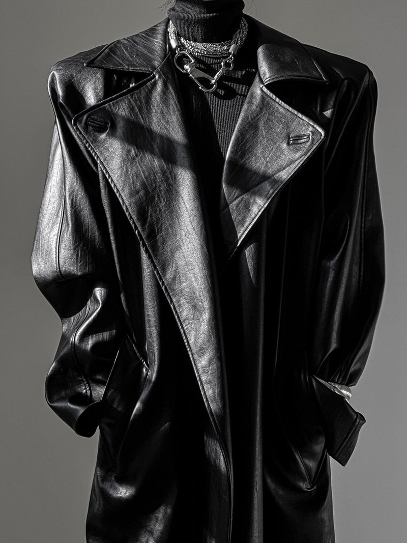 PADDED SHOULDER VEGAN LEATHER TRENCH COAT