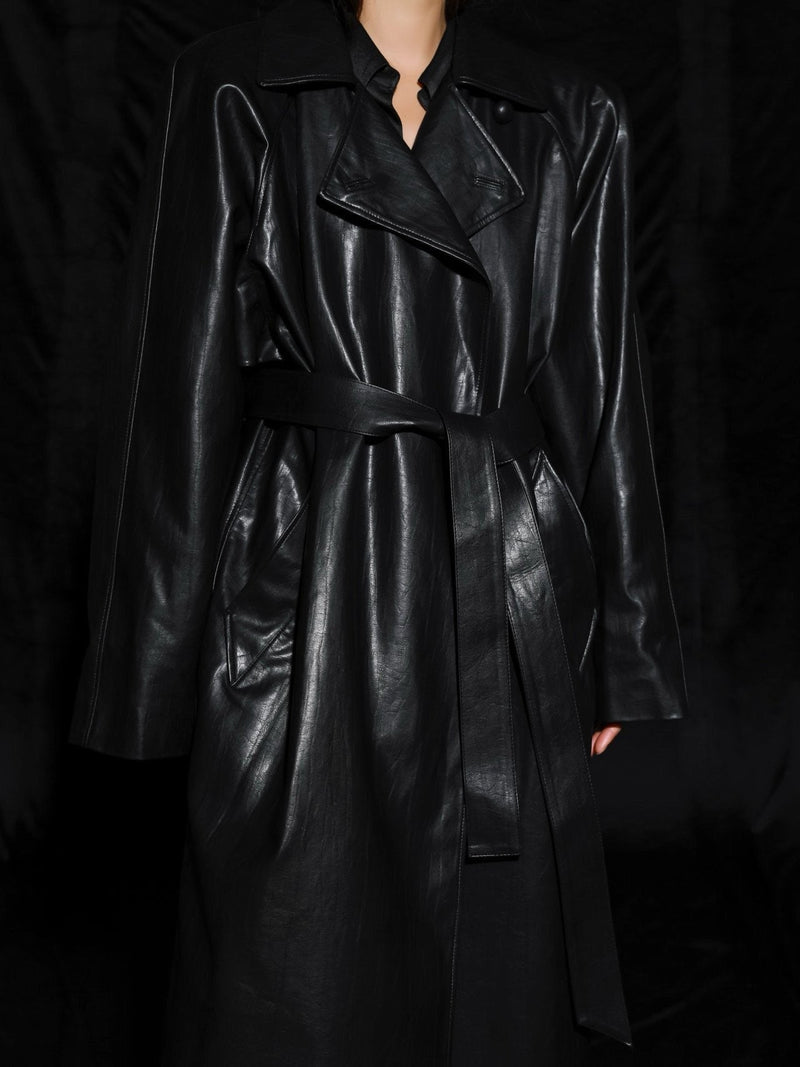 PADDED SHOULDER VEGAN LEATHER TRENCH COAT