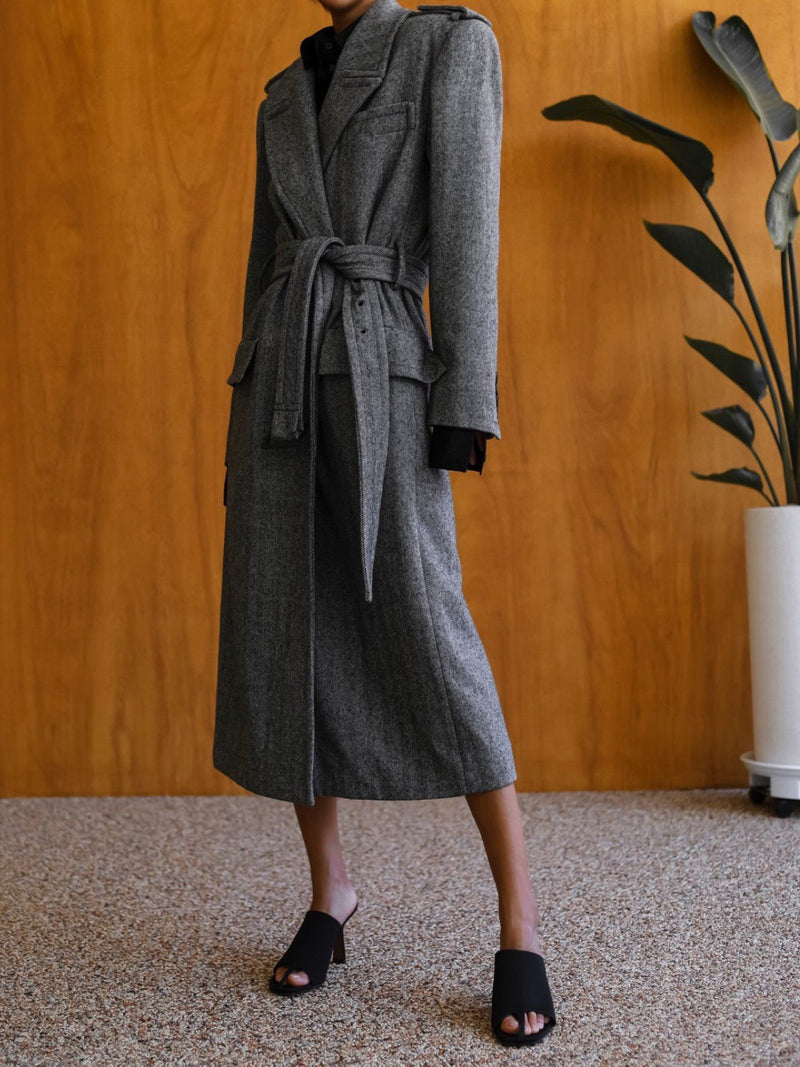 PEAKED LAPEL HERRINGBONE MAXI COAT