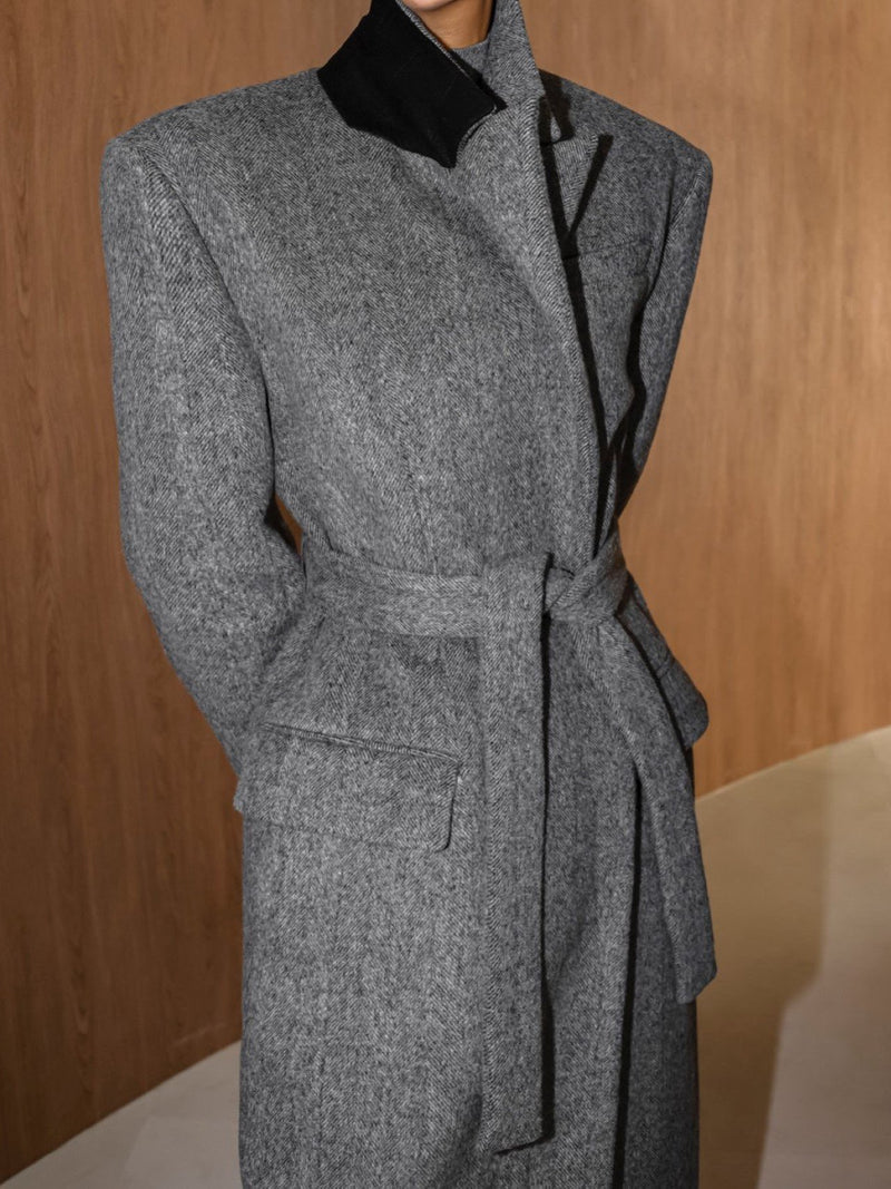 PEAKED LAPEL HERRINGBONE MAXI COAT