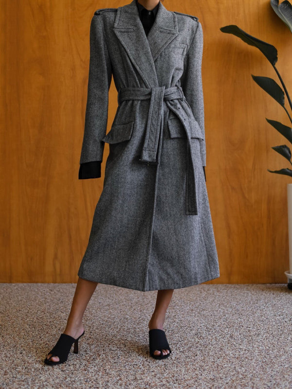 PEAKED LAPEL HERRINGBONE MAXI COAT