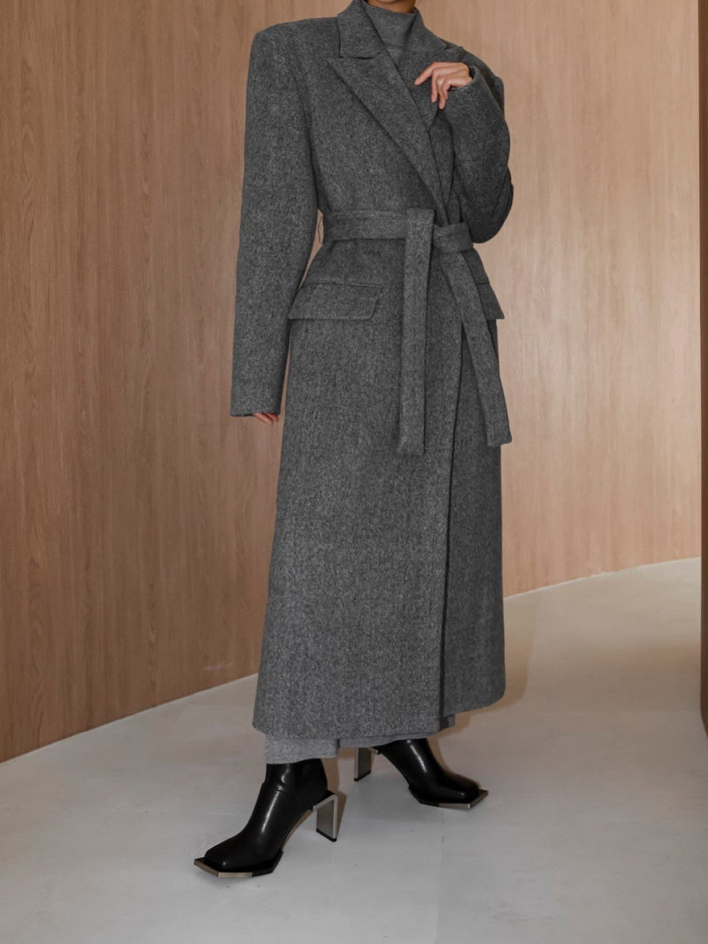 PEAKED LAPEL HERRINGBONE MAXI COAT