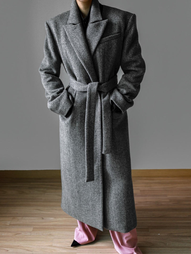 PEAKED LAPEL HERRINGBONE MAXI COAT