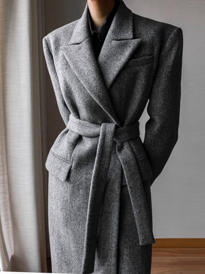 PEAKED LAPEL HERRINGBONE MAXI COAT