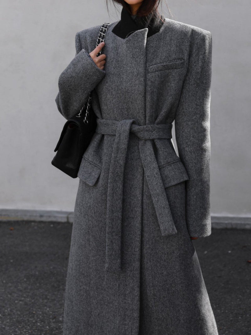 PEAKED LAPEL HERRINGBONE MAXI COAT