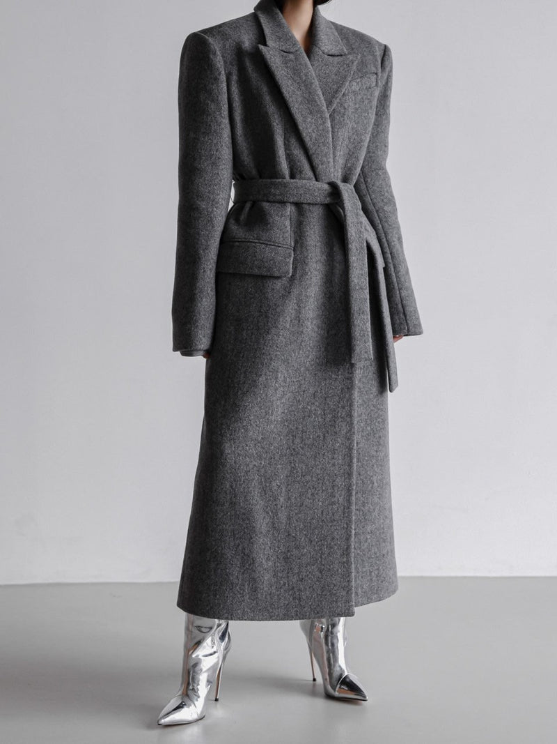 PEAKED LAPEL HERRINGBONE MAXI COAT