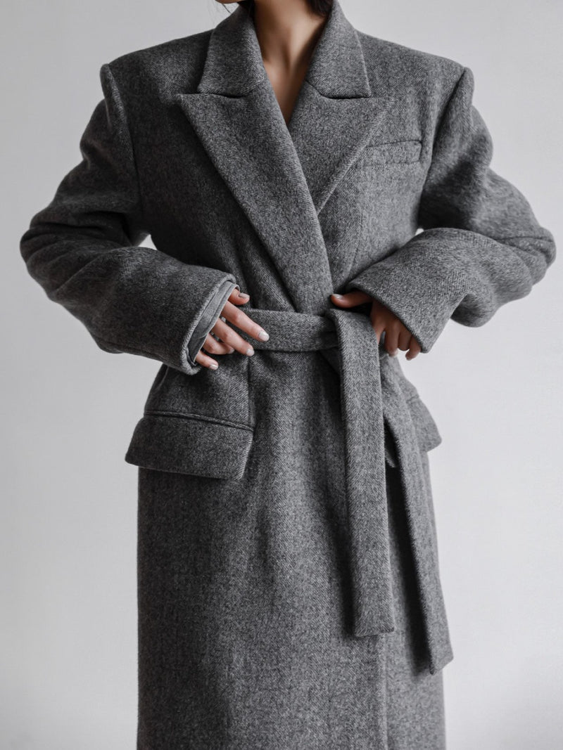 PEAKED LAPEL HERRINGBONE MAXI COAT