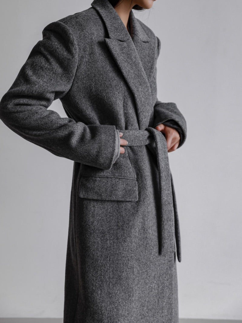 PEAKED LAPEL HERRINGBONE MAXI COAT