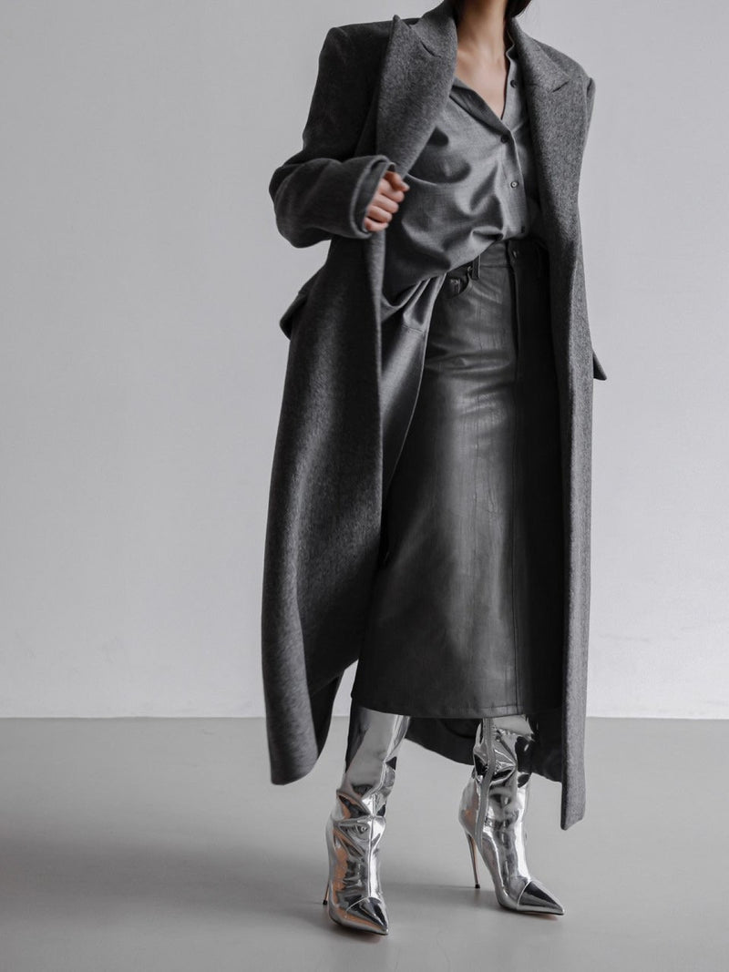 PEAKED LAPEL HERRINGBONE MAXI COAT