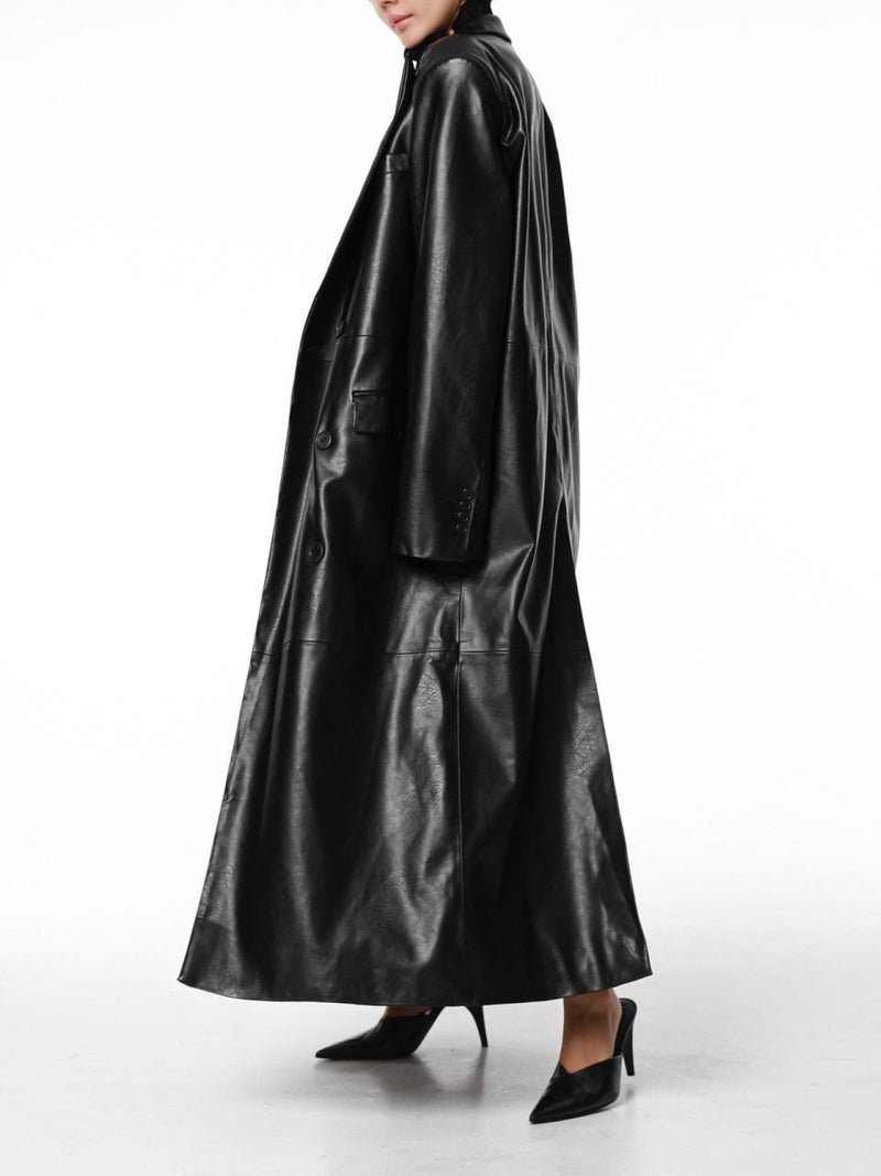 PEAKED LAPEL VEGAN LEATHER COAT