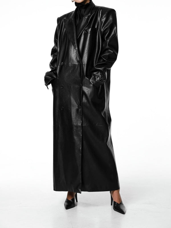 PEAKED LAPEL VEGAN LEATHER COAT