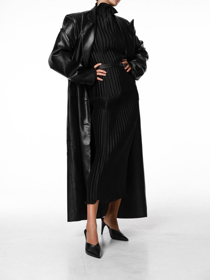 PEAKED LAPEL VEGAN LEATHER COAT