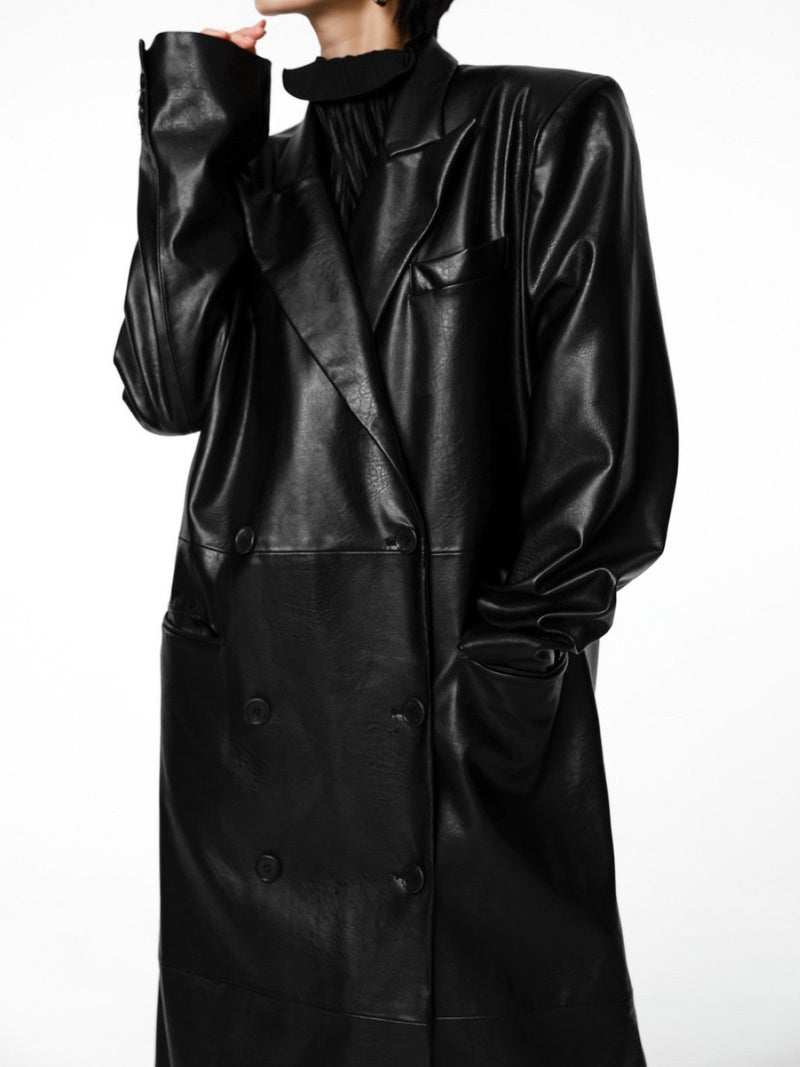 PEAKED LAPEL VEGAN LEATHER COAT