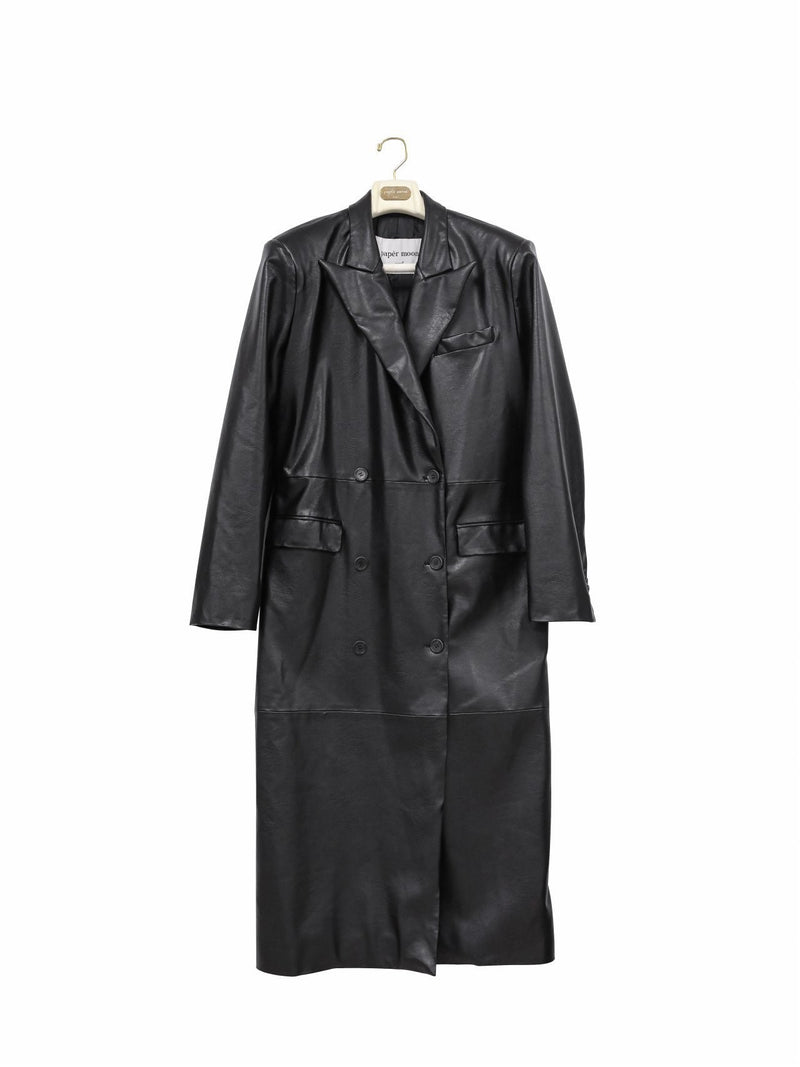 PEAKED LAPEL VEGAN LEATHER COAT