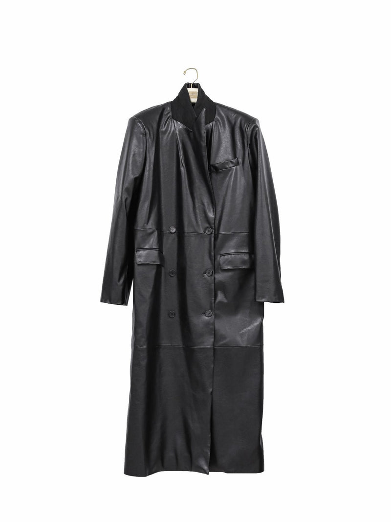 PEAKED LAPEL VEGAN LEATHER COAT