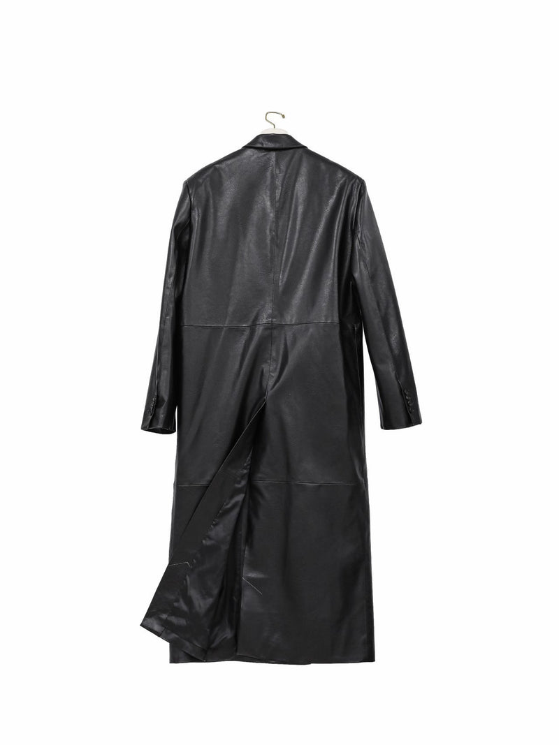 PEAKED LAPEL VEGAN LEATHER COAT