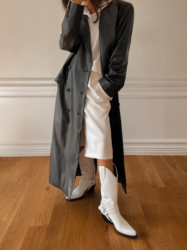 PEAKED LAPEL VEGAN LEATHER COAT