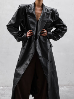 PEAKED LAPEL VEGAN LEATHER COAT