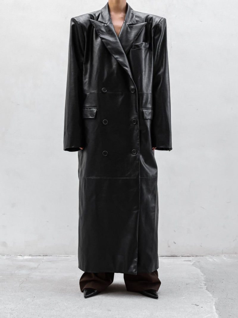 PEAKED LAPEL VEGAN LEATHER COAT