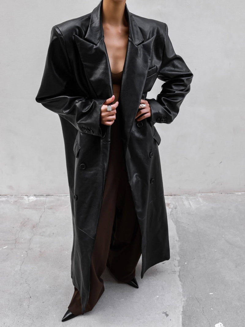 PEAKED LAPEL VEGAN LEATHER COAT