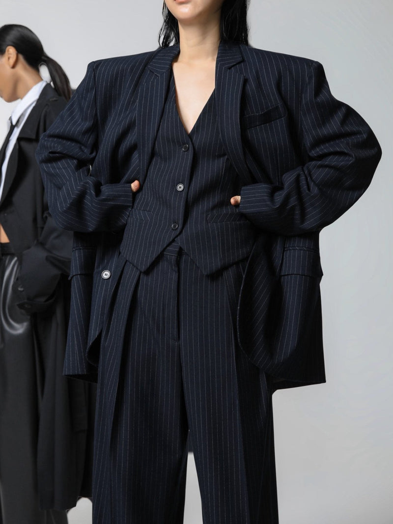PIN STRIPE BUTTON DETAIL WOOL BLAZER
