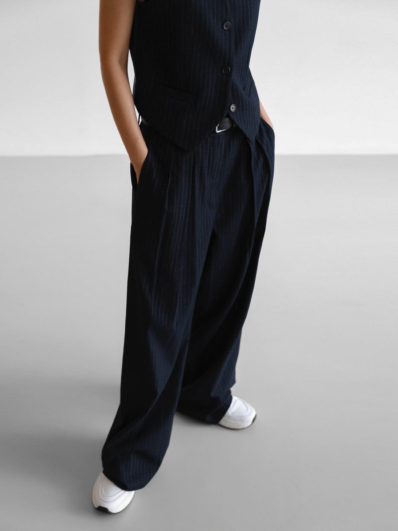 PIN STRIPE DOUBLE PLEATED WIDE TROUSERS